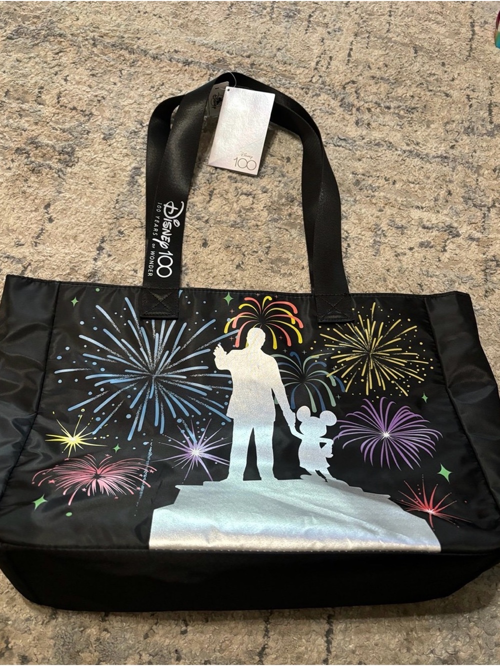 Disney Black Tote with Silver Silhouette and Multicolor Fireworks